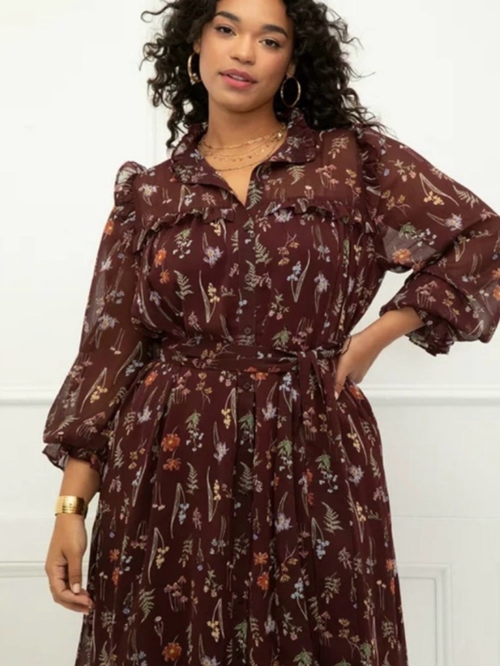 Eloquii Brown Flowy Floral Maxi Long Sleeve Belted Ruffle Flowy Shirt Dress 24 - Picture 12 of 12